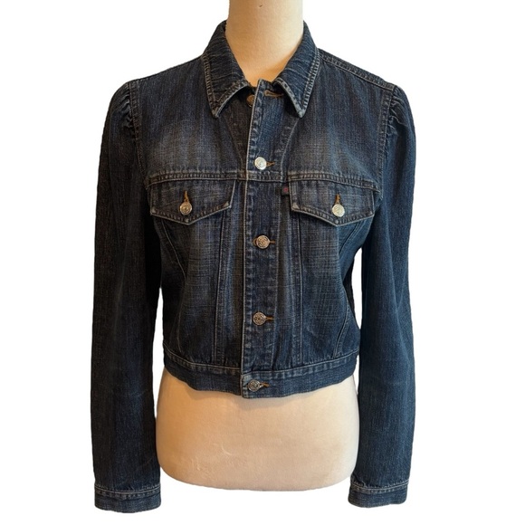 RALPH Ralph Lauren Dark Blue Wash Ruched Shoulder Denim Jean Jacket Medium - Picture 1 of 14